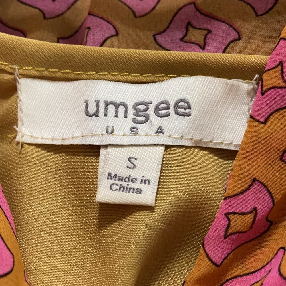 Umgee Boho Babydoll Dress Mustard Pink Geometric Print Tie Sleeve Small - Picture 6 of 7